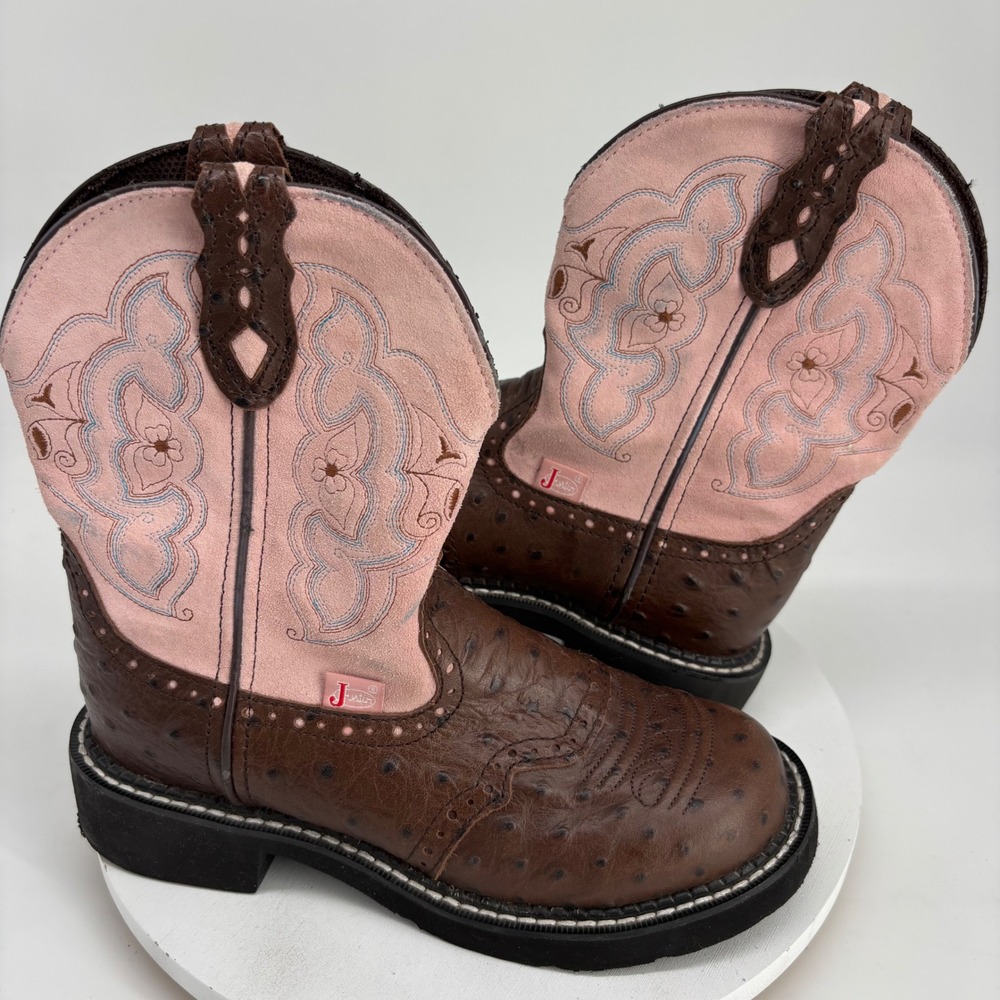 Justin Gypsy Western Boots Womens 6B Brown Pink Ostrich Cowgirl Farmcore Boho